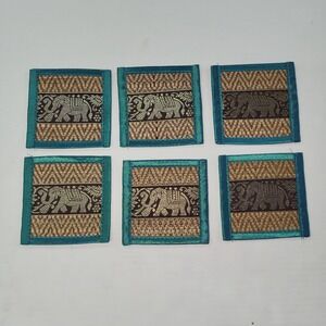 Unbranded Coaster Set Unisex 4x4 Teal Elephant Woven Reed Thai Boho 6pc